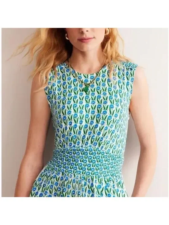 Boden THEA Floral Smocked MIDI SLEEVELESS Women 4 GREEN TAMBOURINE DAISIES - Picture 5 of 9